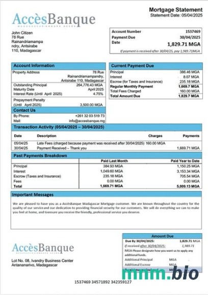 Madagaskar AccèsBanque Madagascar wyciąg z kredytu hipotecznego szablon Word i PDF